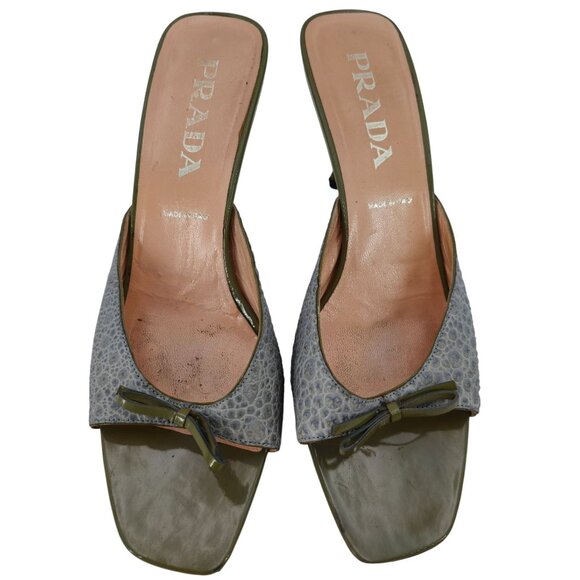 Vintage Prada Italy Designer Heels Grey Green Leather Womens 9 Mules Dress Shoes - Picture 2 of 14